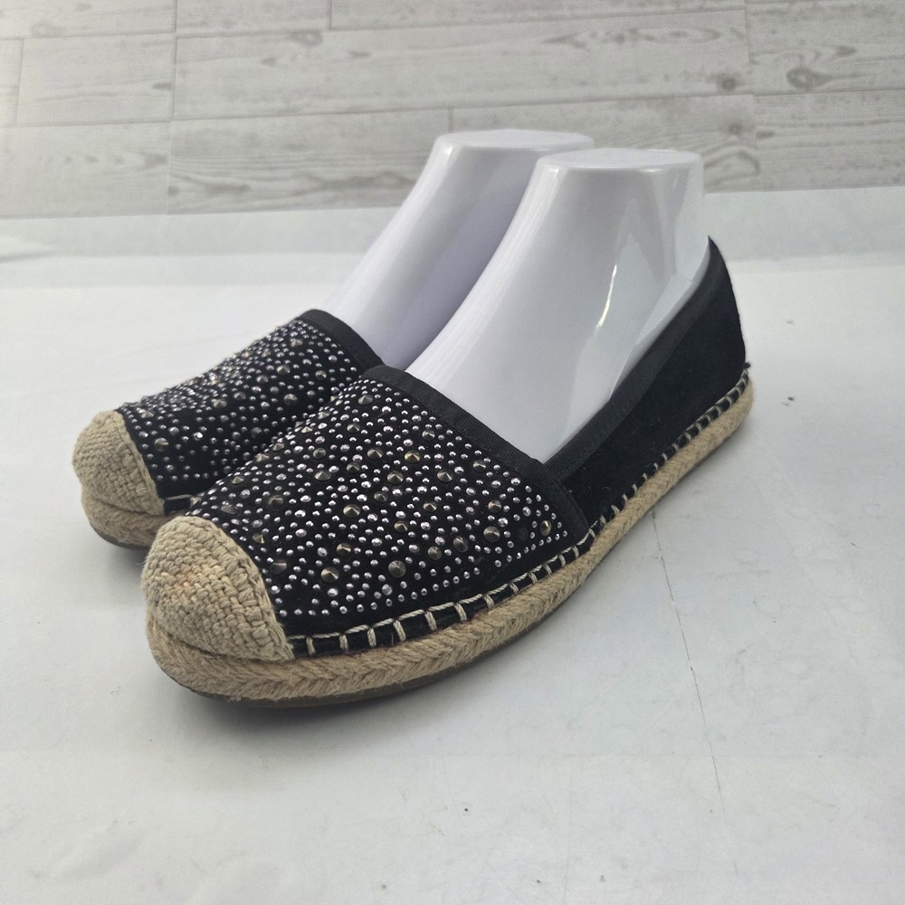 Franco Sarto Espadrille Loafers Womens 8.5 Black Suede Beaded Boho 70s Revival